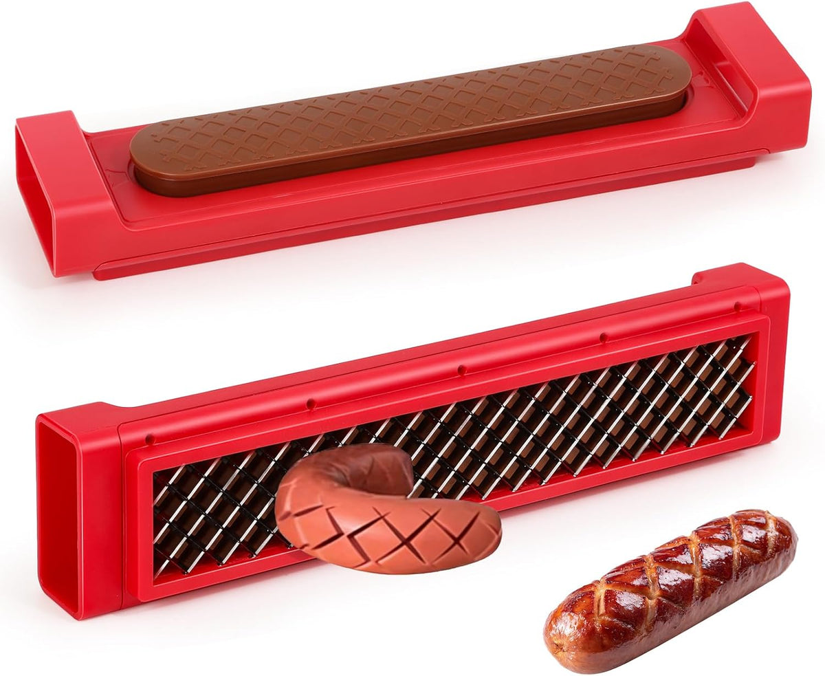 Hot Dog Cutter Tool - Pop-Out Hot Dog Slicer Criss Cross, Stainless Steel Blades, Suitable for Kitchen, Grilling, Tailgating, Camping and Backyard Outdoor BBQ - 11 Inch - Red