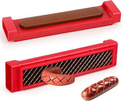 Hot Dog Cutter Tool - Pop-Out Hot Dog Slicer Criss Cross, Stainless Steel Blades, Suitable for Kitchen, Grilling, Tailgating, Camping and Backyard Outdoor BBQ - 11 Inch - Red