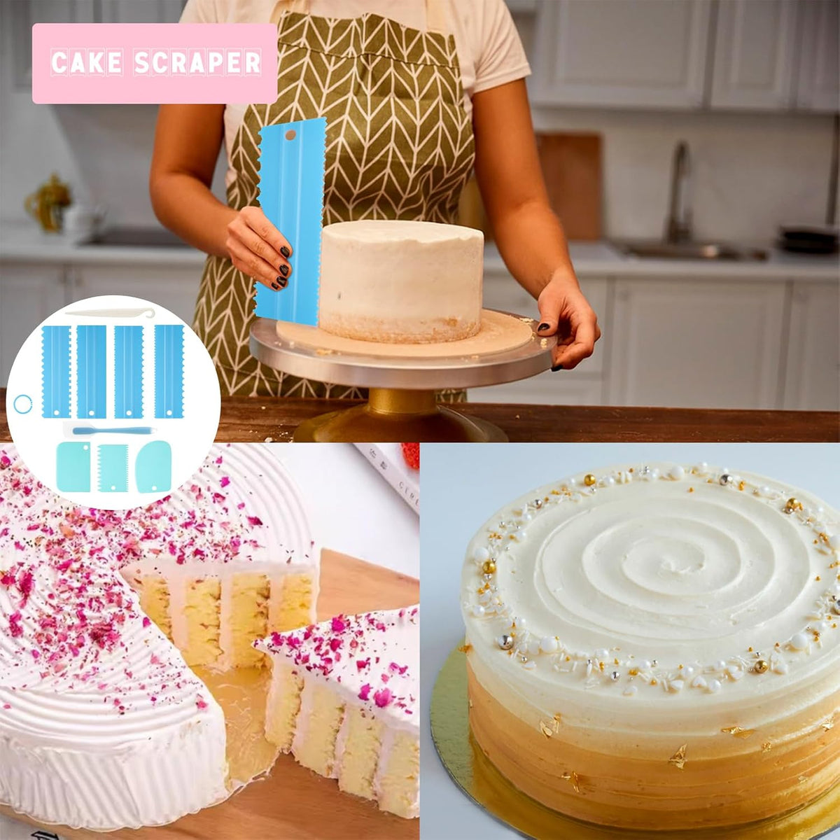 9PCS Cake Scraper Set with Cake Scraper Smoother Set, Adjustable Icing Scraper Polisher Tool, Cake Decorating Comb, Icing Smoother Plastic Sawtooth,Cake Icing Kitchen Baking Cake Edge(White)
