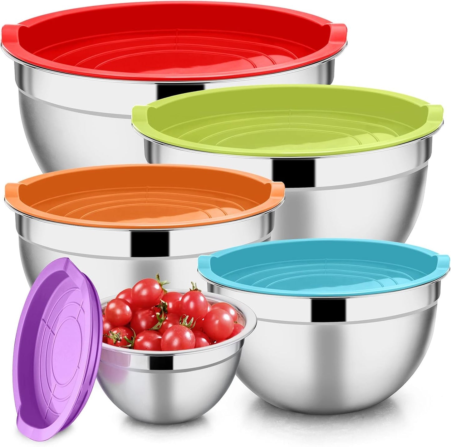 E-far Mixing Bowls with Lids Set of 5, Stainless Steel Mixing Bowls Metal Nesting Bowls with Airtight Lids, Non-toxic & Dishwasher Safe, Great for Cooking, Baking, Serving - Size 0.7/1/1.5/3/4.6QT