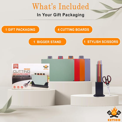 Cutting Board Set: 4-Piece Color-Coded, Non-Slip, BPA-Free, Perfect kitchen essentials for new home, Dishwasher Safe with Premium Scissors and Chopping Board Organizer, Quality kitchen stuff.