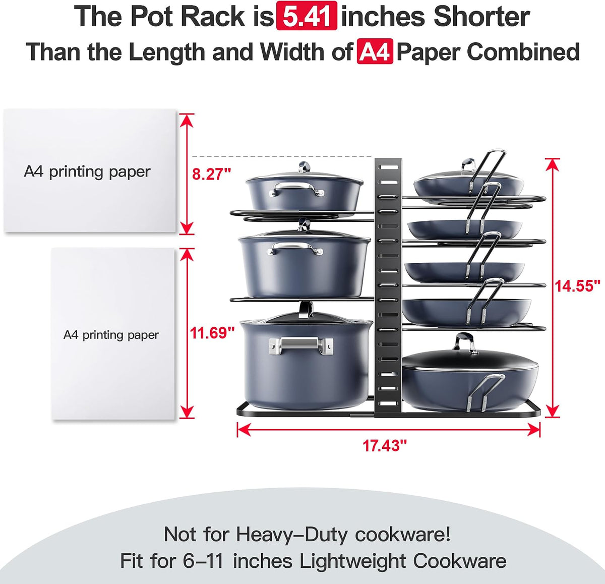 ORDORA Pots and Pans Organizer Under Cabinet 16.6", 8-Tier Adjustable Rack