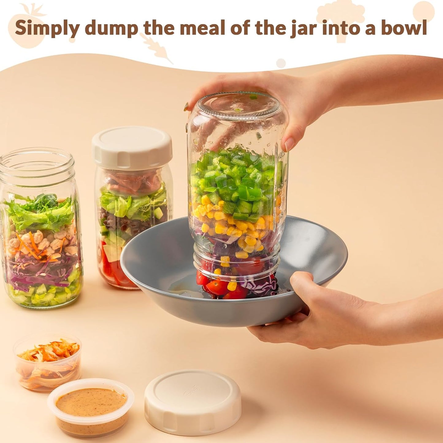 SOLIGT 4 Pack Glass Salad Jars with Lids Meal Prep, Leakproof Container for Lunch, with Wet/Dry Separation Cups, 32oz Mason Jars (Pink/Orange/Sky Blue/Olive Green)