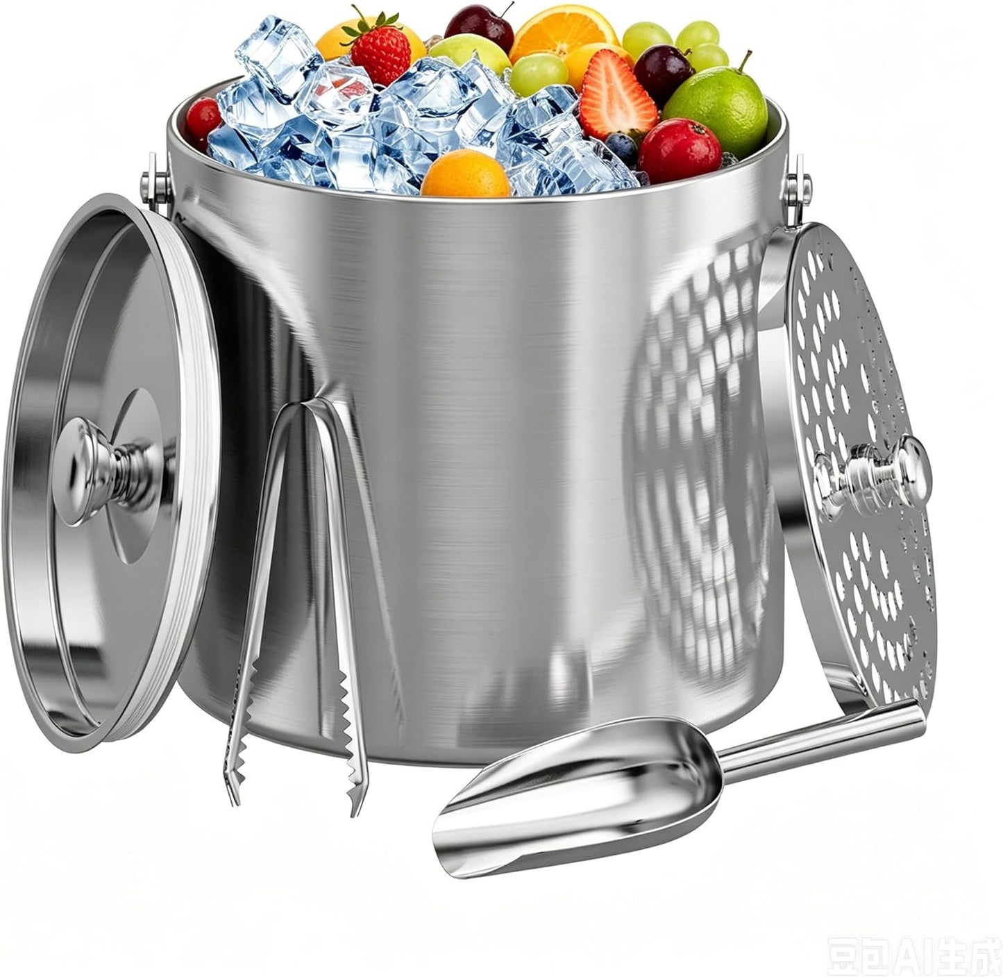 Ice Bucket, Ice Bucket with Lid Ice Tong Ice Scoop and Strainer for Cocktail Parties 3L Stainless Steel Insulated Ice Bucket Double Wall Keeps Ice Cold&Dry for Home Bar Beer Champagne