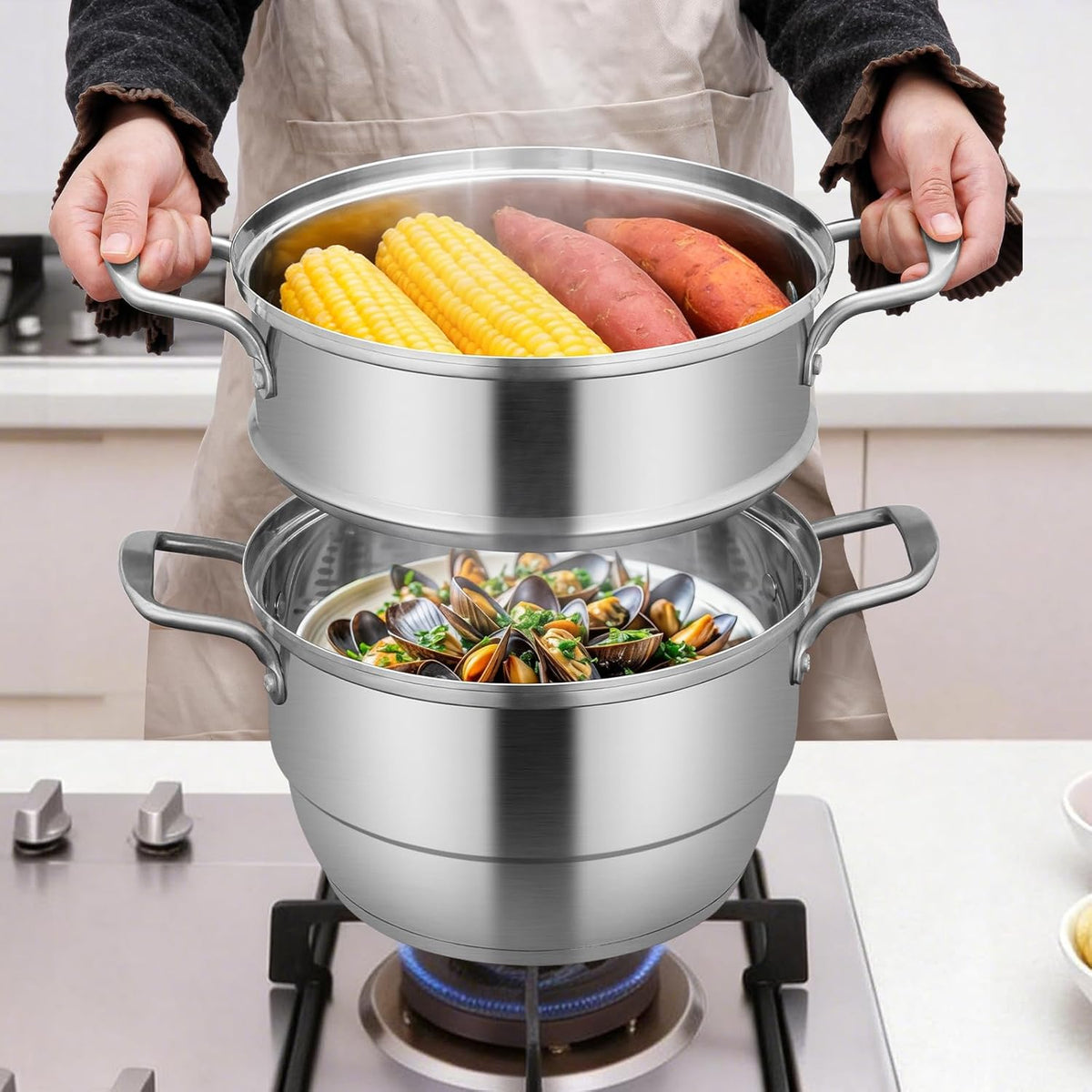 GOLDEN KEY 3.2 QT Steamer Pot With Lid - 2-Tier 18/8 Stainless Steel，Multipurpose Steaming Cookware with Vegetable Steam Basket, Oven & Dishwasher Safe, Triple Bottom for Even Heating, Perfect for Dumplings, Seafood and Vegetables