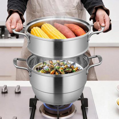 GOLDEN KEY 3.2 QT Steamer Pot With Lid - 2-Tier 18/8 Stainless Steel，Multipurpose Steaming Cookware with Vegetable Steam Basket, Oven & Dishwasher Safe, Triple Bottom for Even Heating, Perfect for Dumplings, Seafood and Vegetables