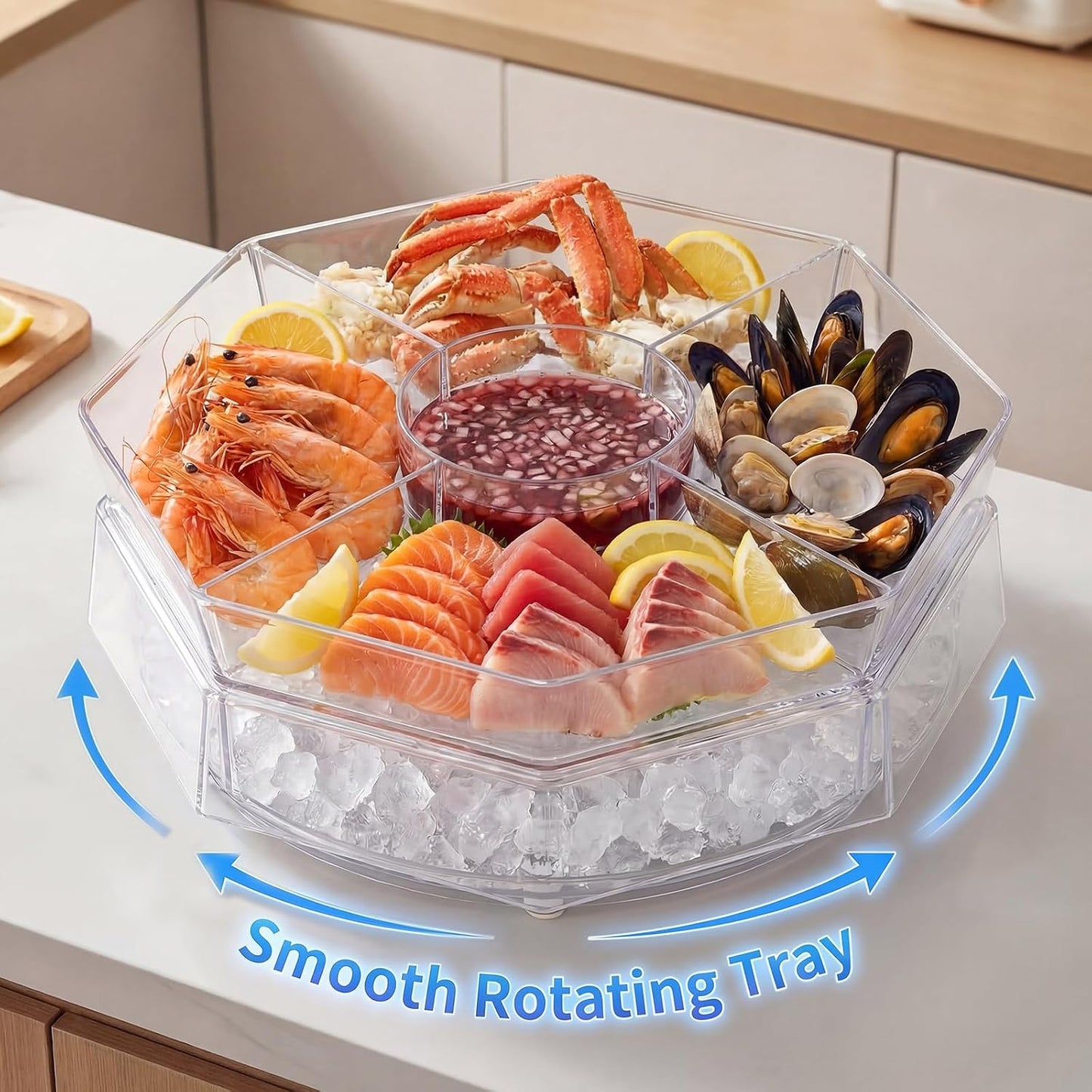 Rotating Chilled Serving Tray with Lid, 5-Compartment Fruit Tray with Ice Bottom for Salad, Shrimp, Appetizers and Parties