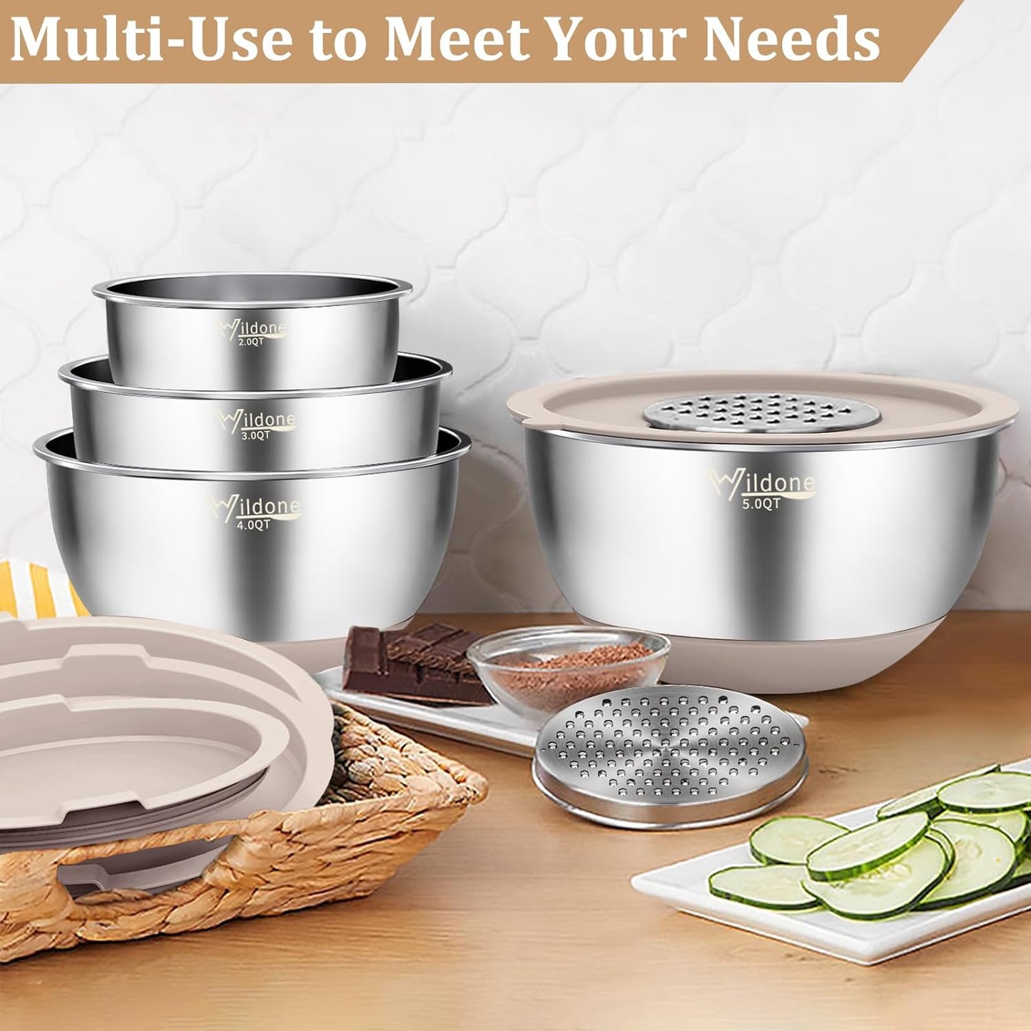 Wildone Mixing Bowls with Airtight Lids, 27 PCS Stainless Steel Nesting Bowls, with 3 Grater Attachments, Scale Mark & Non-Slip Bottom, Size 5, 4, 3, 2, 1.5, 1, 0.63QT, Ideal for Mixing & Prepping