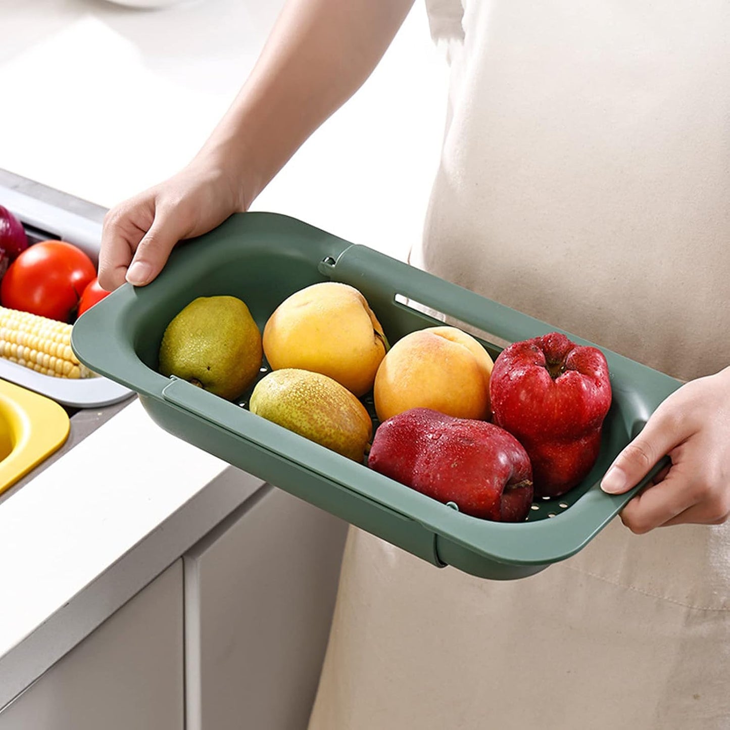 KesaPlan Collapsible Sink Colanders and Strainers Basket Over the Colander Extendable Plastic Fruit Vegetable Strainer Drainer for Kitchen(Length 14.3-19.4 inch)(Gray Set of 2)