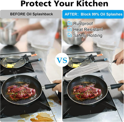 Splatter Screen for Frying Pan - 9.8" 11.4" 13" Stainless Steel Fine Mesh Grease Splatter Guard with Silicone Handle, Hot Oil Splash Guard for Cooking to Prevent Oil Splatter, Safe Cooking