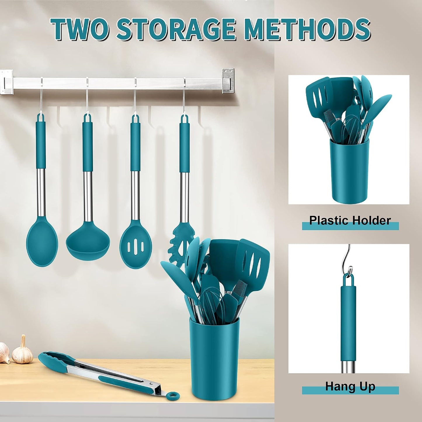 E-far Silicone Cooking Utensils Set, 7 Pcs Heat Resistant Kitchen Utensils with Stainless Steel Handle, Slotted Turner, Spoon, Soup Ladle, Pasta Server, Skimmer, Tongs for Nonstick Cookware, Black