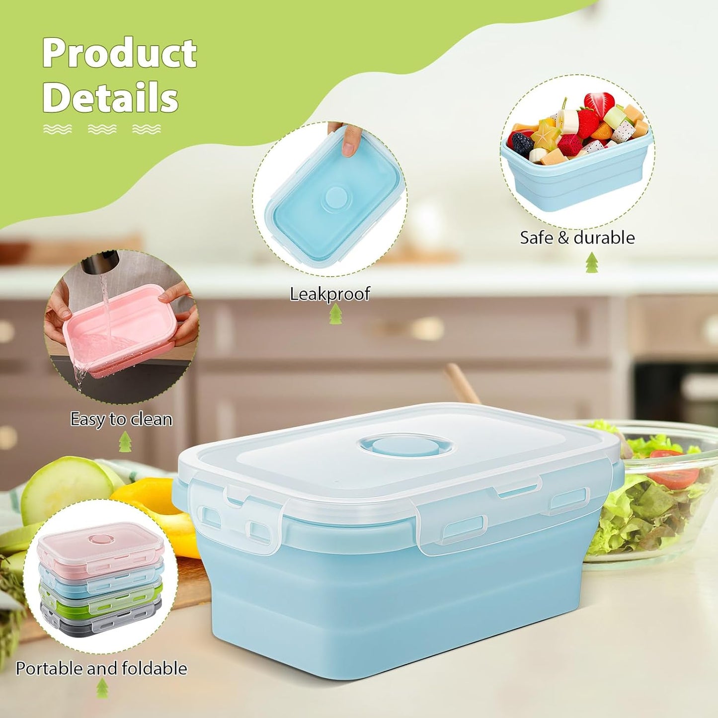 Mifoci Set of 8 Silicone Collapsible Bowls for Camping with Vent Lid Silicone Storage Containers for Food Meal Preparation Square Bowl Microwave Freezer Dishwasher Safe(Blue,17 Oz/ 500 ml)