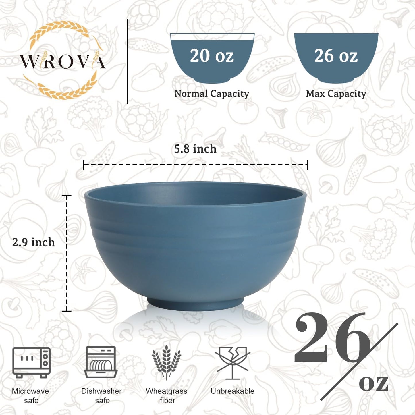 Wrova Wheat Straw Bowls for Kitchen set of 6,Anti-Scald Thick Soup Bowls 40oz,Microwave and Dishwasher Safe Bowl Sets, Unbreakable Cereal Bowl Sets. Vibrant Series