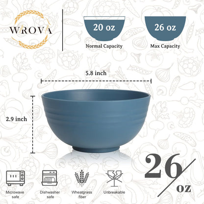 Wrova Wheat Straw Bowls for Kitchen set of 6,Anti-Scald Thick Soup Bowls 40oz,Microwave and Dishwasher Safe Bowl Sets, Unbreakable Cereal Bowl Sets. Vibrant Series