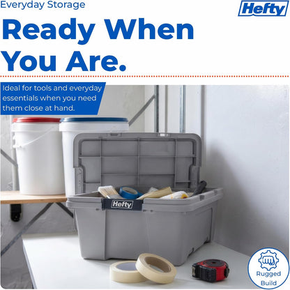 Hefty MAX Pro 12 Gallon Storage Bins with Latching Lids, Heavy Duty Stackable Plastic Storage Containers for Garage, Basement & Outdoor Use, Utility Storage Tote, 6 Pack, Gray