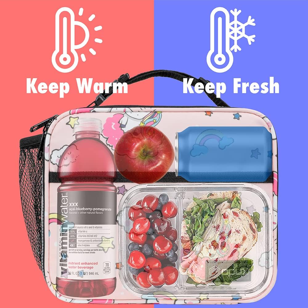 opux Insulated Lunch Bag Kids, Lunch Box for School Boy Girl, Leakproof Small Reusable Compact Soft Mini Cooler Bag, Toddler Small Lunch Boxes Kit Pail with Front Side Pockets (Purple)