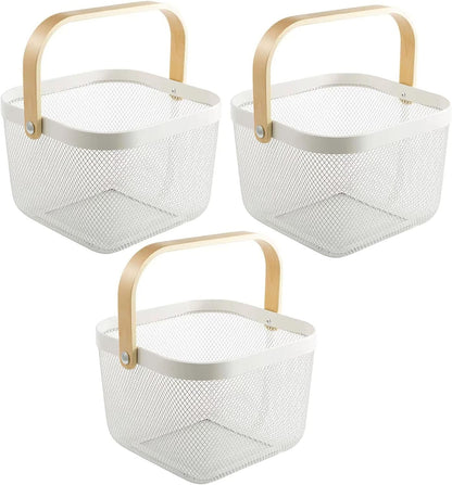 AJIODA 2 Pack Metal Mesh Steel Basket, Storage Organizer Basket Multi-function Hanging Kitchen Baskets Fruit Basket Bin with Wood Handle for Kitchen Bathroom Picnic Cabinet Home Decor, White
