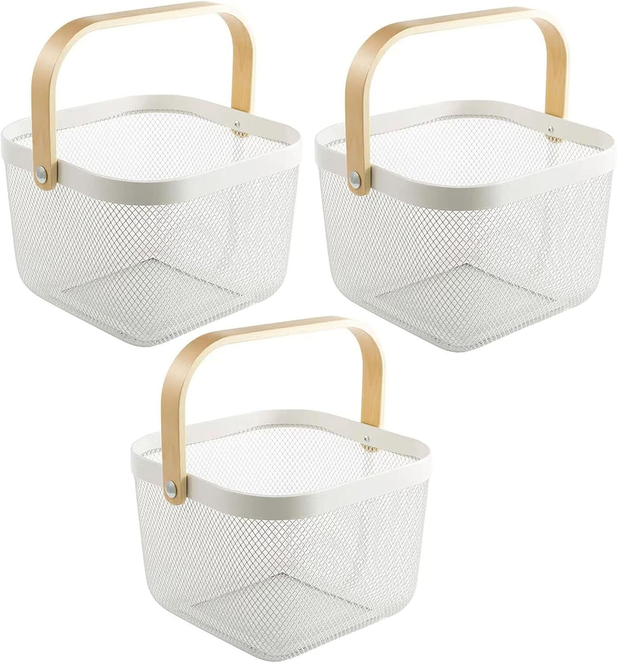 AJIODA 2 Pack Metal Mesh Steel Basket, Storage Organizer Basket Multi-function Hanging Kitchen Baskets Fruit Basket Bin with Wood Handle for Kitchen Bathroom Picnic Cabinet Home Decor, White