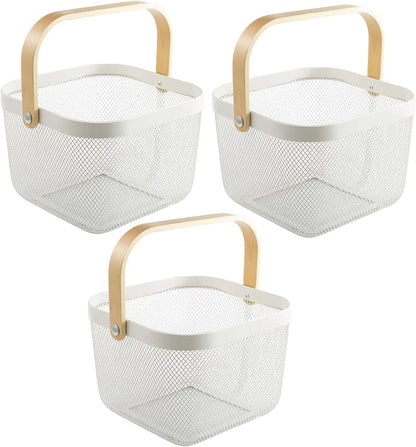 AJIODA 2 Pack Metal Mesh Steel Basket, Storage Organizer Basket Multi-function Hanging Kitchen Baskets Fruit Basket Bin with Wood Handle for Kitchen Bathroom Picnic Cabinet Home Decor, White