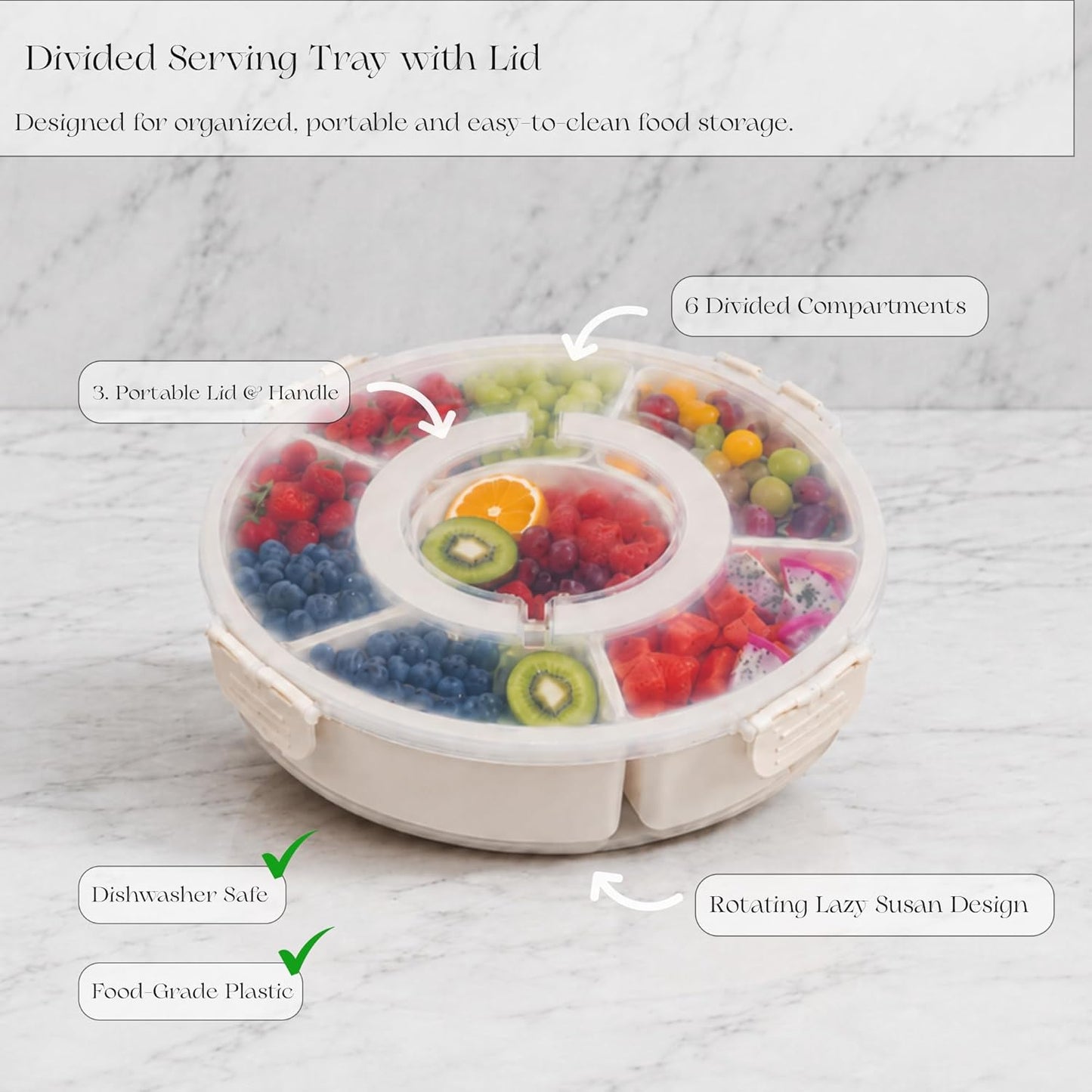 Divided Serving Tray with Lid - Snack Tray - Snack Box - Portable Snackle Box Organizer for Fruit, Salad, Chips & Dip - Lazy Susan Platter with Handle for Parties, Road Trips, Kids & Charcuterie