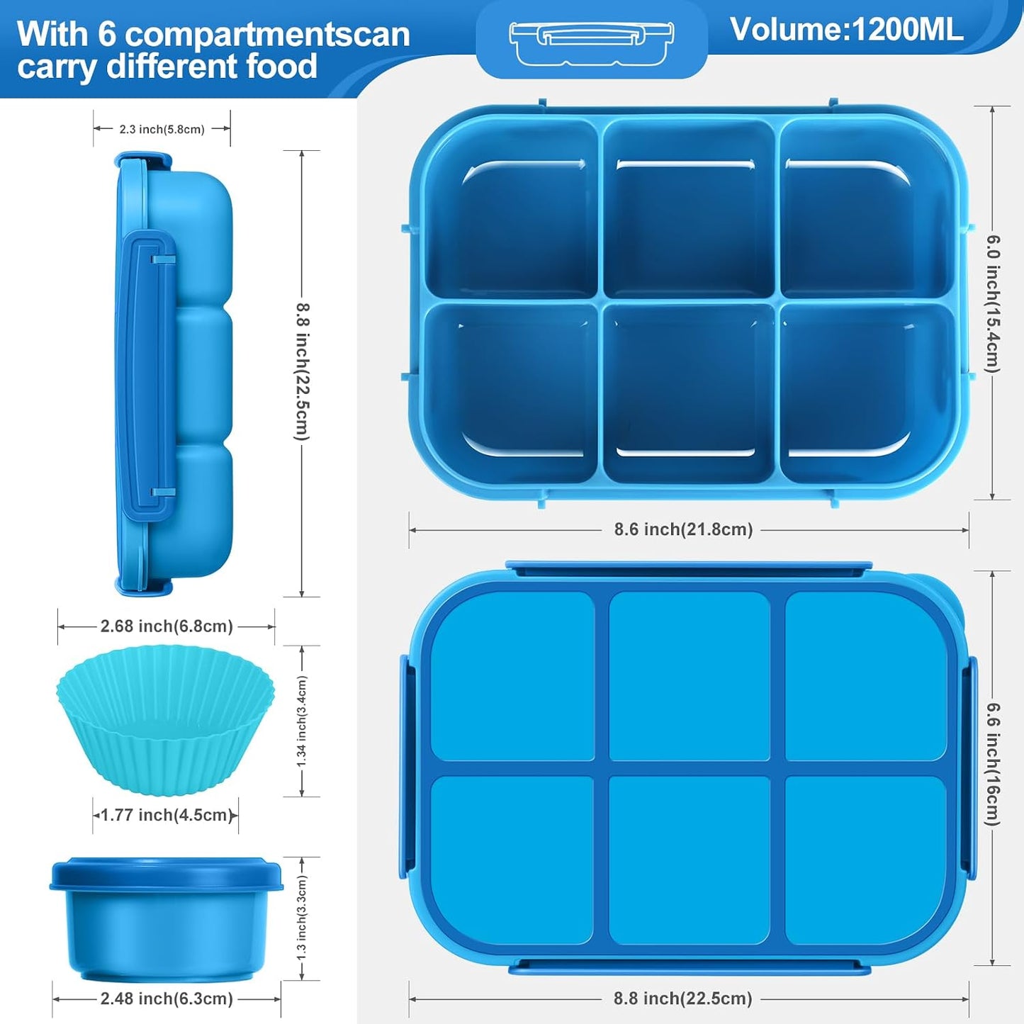 Amathley Lunch Box Kids Girls Boys,Bento Box Adult,Toddler Lunch Containers for School,Leakproof Snack Containers with 6 Compartments,Sauce Container,10 Food Picks and 4 Muffin Cups (Green)