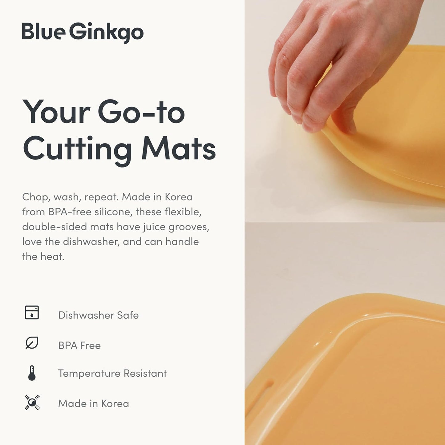 Blue Ginkgo Silicone Cutting Boards – Set of 3 (Small, Medium, Large) – Double-Sided, Thick, Flexible, Non-Slip, BPA Free – Juice Grooves, Dishwasher Safe (Made in Korea, Grey)