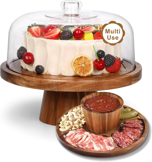 Bellsal Cake Stand with Dome Lid, 12in Acacia Wood Cake Plate with Cover, Wooden Cake Display Stand with Acrylic Dome, Cake Decorating for Baking Gift