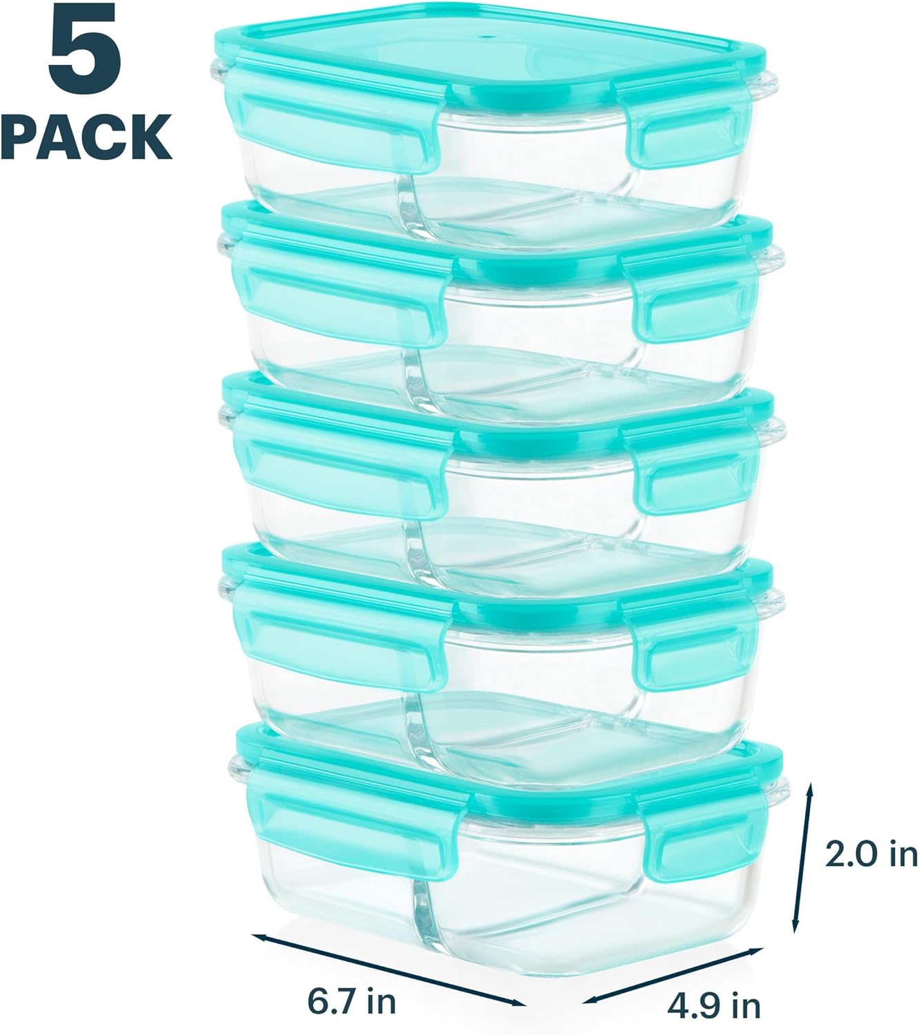 Pyrex Glass Meal Box (5-Pack, 2.3 Cup) Divided Compartments with Locking Lids, For Meal Prepping and Portioning, BPA Free Microwave Dishwasher Safe