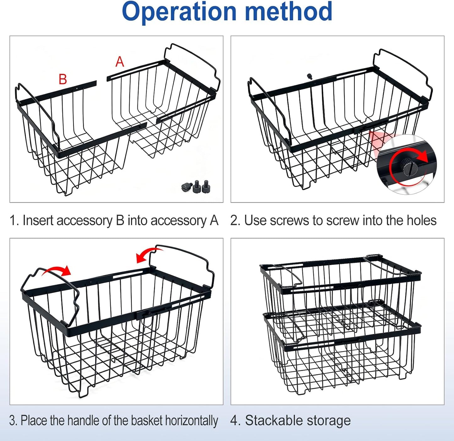 4Pack Freezer Organizer Bins, Stackable Chest Deep Freezer Storage Containers, Expandable Freezer Baskets with Handle, Basket Organizers and Storage for Freezer, Fridge, Pantry (Black-3Pack)