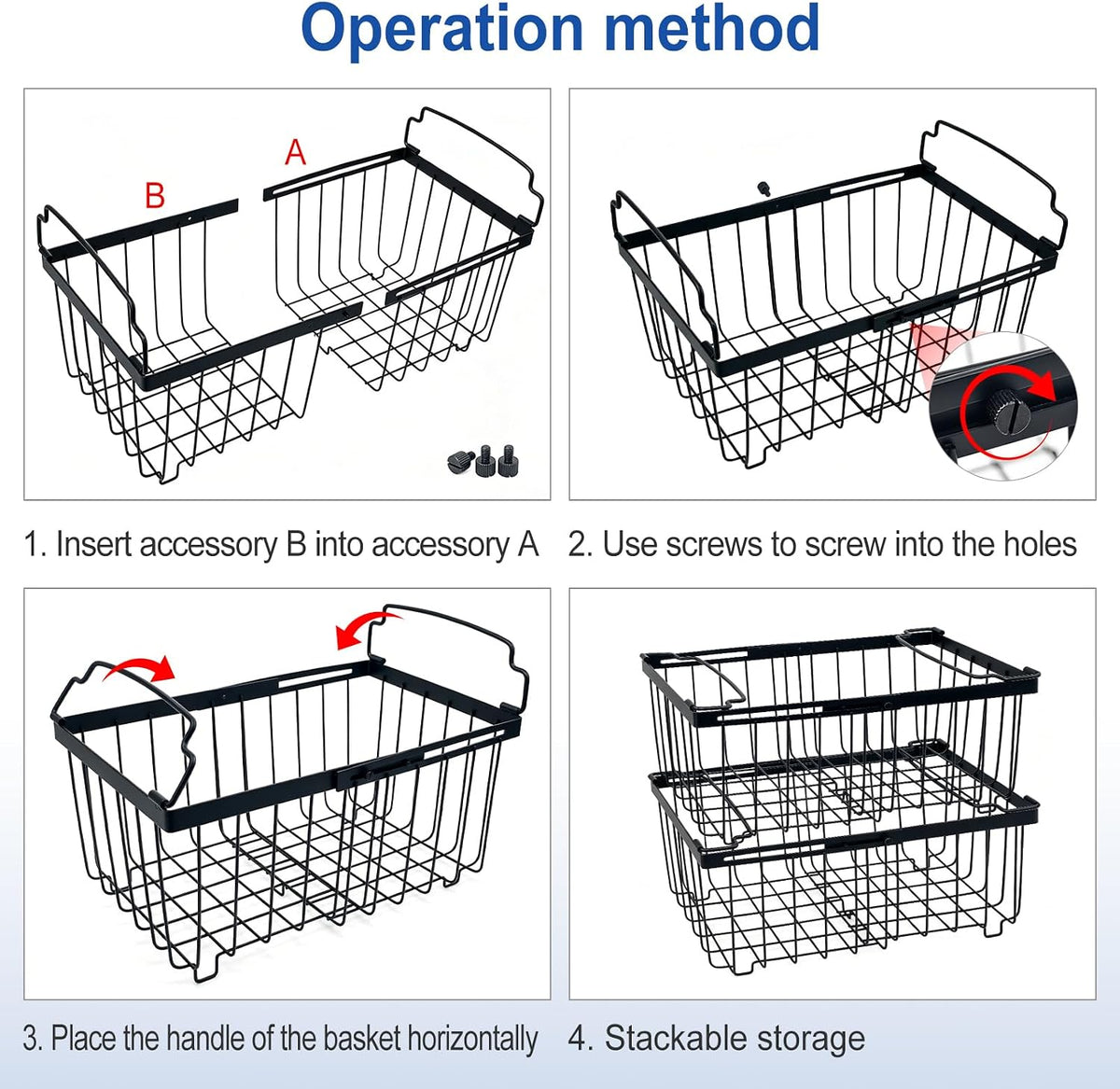 3Pack Freezer Organizer Bins, Stackable Chest Deep Freezer Storage Containers, Expandable Freezer Baskets with Handle fit 5cu.Ft 7cu.Ft Freezer, Fridge, Pantry (Black-3Pack)