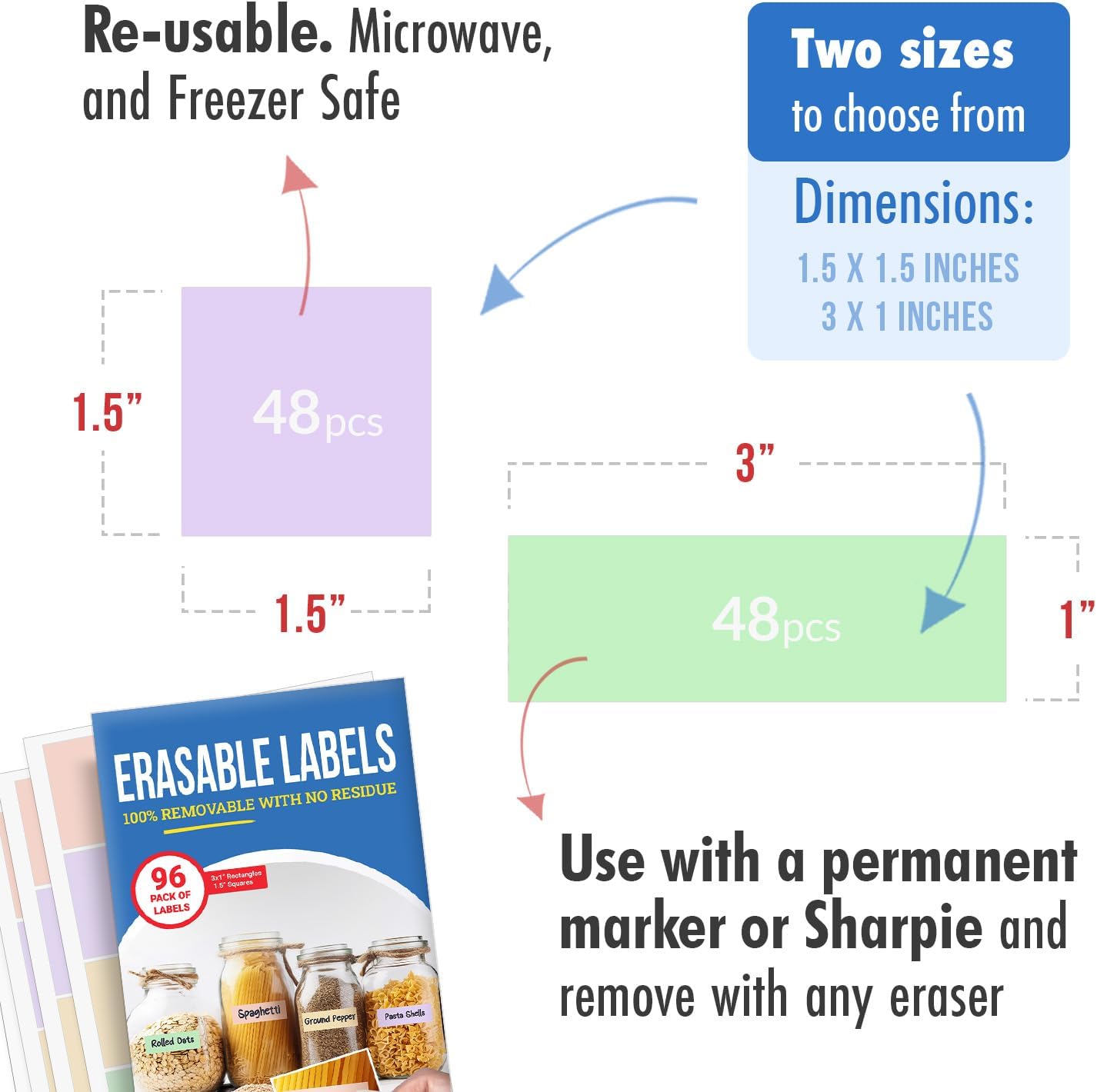 MESS Erasable Kitchen Labels, 96-Pack (1x3 & 1.5") – White Dry Erase Stickers for Pantry, Jars, Food Containers, Fridge & Freezer