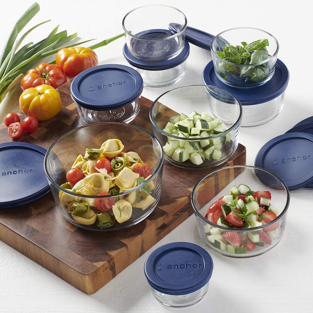 Anchor Hocking 12 Piece Glass Storage Containers with Lids (6 Glass Food Storage Containers & 6 Navy Blue SnugFit Lids)