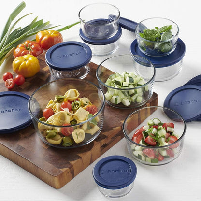 Anchor Hocking 12 Piece Glass Storage Containers with Lids (6 Glass Food Storage Containers & 6 Navy Blue SnugFit Lids)