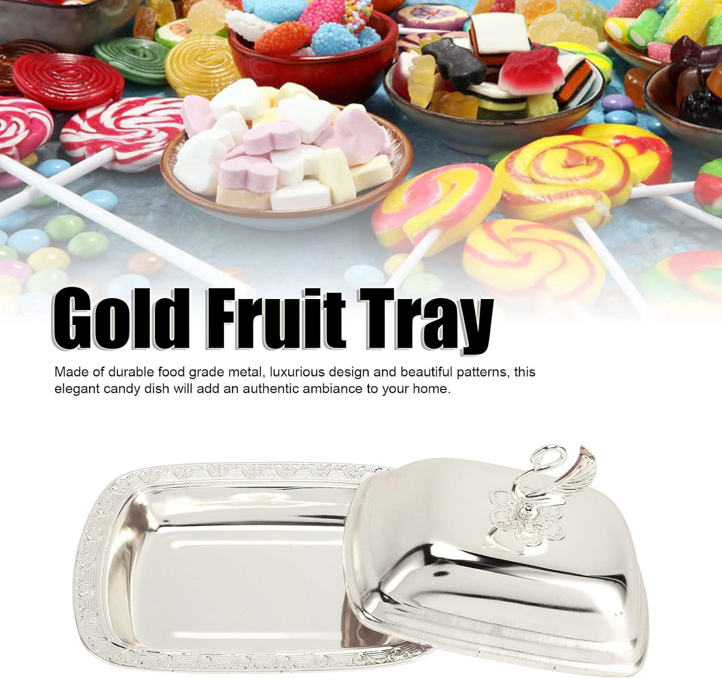 Stainless Steel Serving Tray, 7"x 5" Appetizer Plates with Swan Handle Lid, Fruit Dish Snack Serving Tray Decorative Dessert Platter Candy Holder for Wedding Home Birthday Party (Gold)