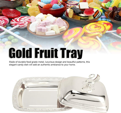 Stainless Steel Serving Tray, 7"x 5" Appetizer Plates with Swan Handle Lid, Fruit Dish Snack Serving Tray Decorative Dessert Platter Candy Holder for Wedding Home Birthday Party (Gold)
