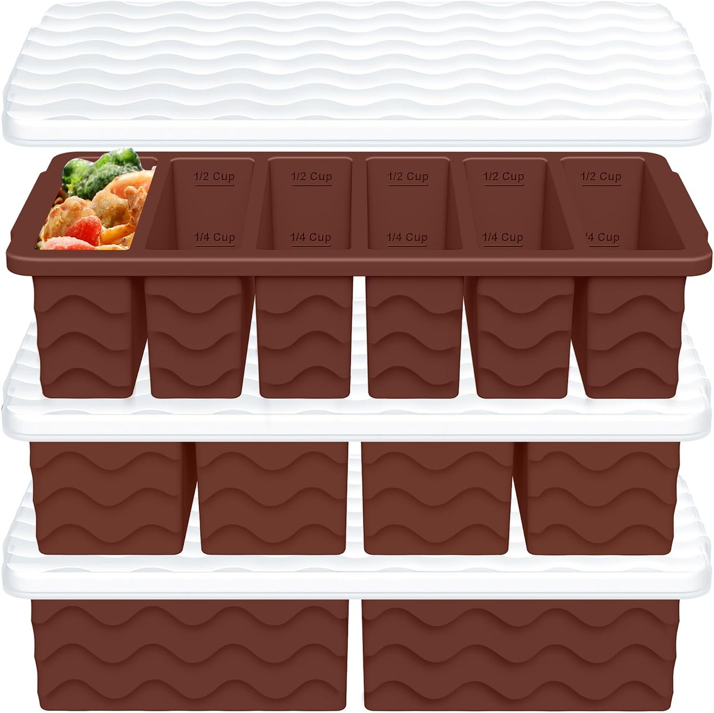 3-Pack Silicone Freezer Trays with Lid,2 Large 2-Cup(500ml)&4 Medium 1-Cup(250ml)&6 Small 1/2-Cup(125ml) Soup Freezer Container Molds,Ice Cube Tray For Meal Prep&Freezing Soup,Stews,Sauces