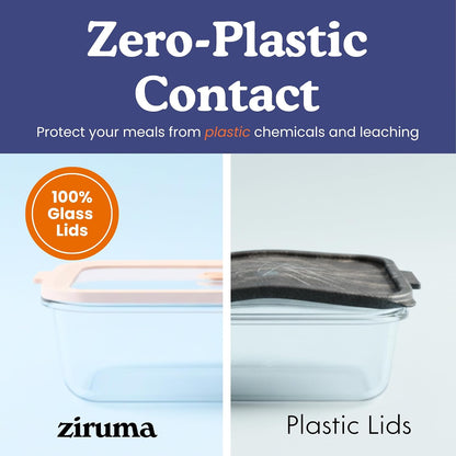 Ziruma Non-Toxic Glass Food Containers with Lids, 4-Pack, 35 oz, Beige | Plastic & BPA free. Glass body, glass lid & platinum silicone seal. Airtight & leakproof. Freezer & microwave safe.