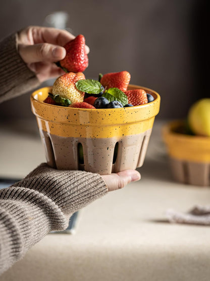 Gomakren Berry Bowls with Holes Ceramic, Berry Washing Bowl Basket Set of 2, 5.8 Inch Round Fruit Bowl Storage Containers, Strawberry Baskets, Farmhouse Kitchen Decor, Yellow + Brown
