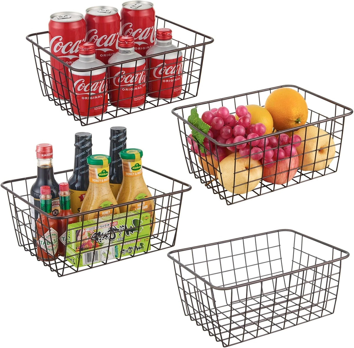JUNCHU CHERRY Wire Kitchen Storage Basket 4 Packs,Perfect Pantry Organization Accessories Baskets,Laundry Basket,Countertop Organization,Suitable for Kitchen,Bathroom,Bedroom,Tabletop,Stackable,Chrome