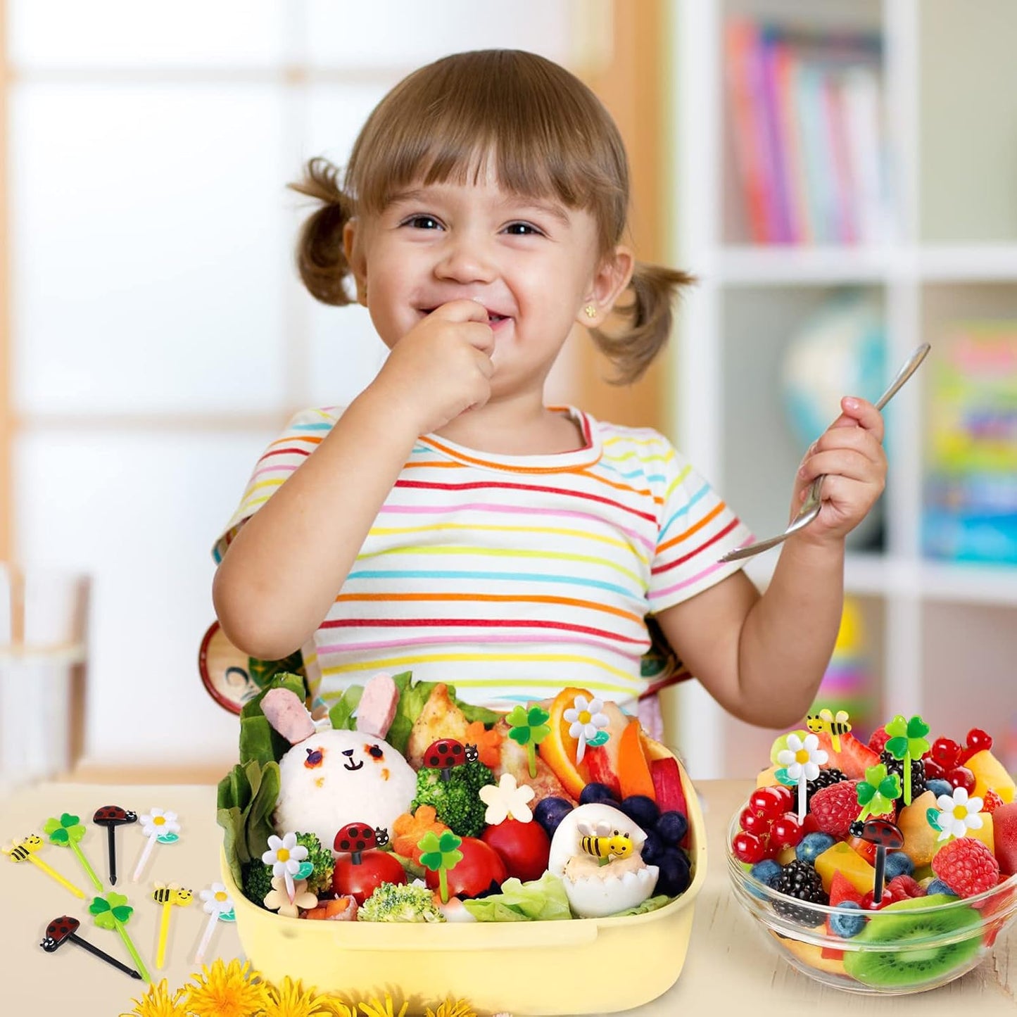 AIERSA Food Picks for Kids Bento Box, 16Pcs Reusable Bees, Daisy, Four Leaf Clover, Ladybug Food Fruit Picks, Lunch Bento Box Accessories for Kids