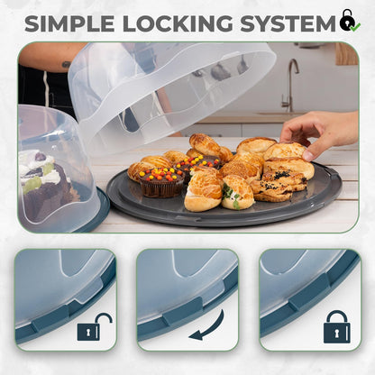 13 Inch Cake Carrier with Locking Lid and Handle, Stylish Big Round Container for Kitchen Storage, BPA Free Stand, Plastic Holder for Transporting, Donuts, Cupcakes, Pies (Green, 13 in)