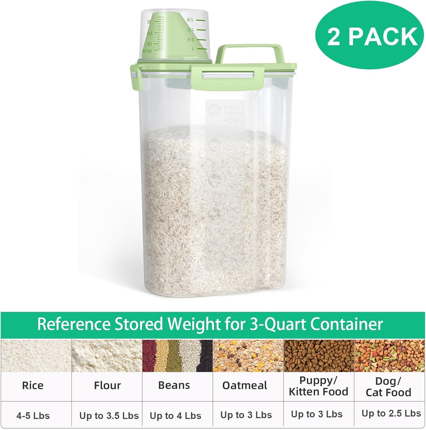 TBMax 2 Pack Airtight Rice Container 5 Lbs +10 Lbs, Cereal Container Oatmeal Storage with Easy-pouring Spout & Handy Cup for Flour Grain Beans, Pet Dog Cat Bird Food Storage Dispenser -Pink