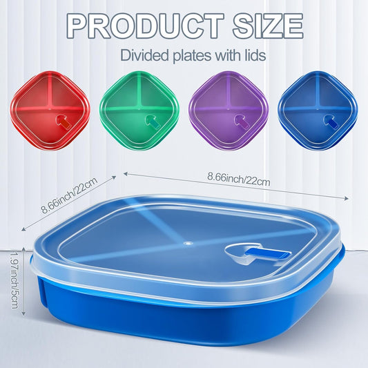 Hushee 4 Pcs Microwave Food Storage Tray Containers with Ventilation Lids 3 Compartment Divided Plates Portion Plate Fits Microwave Fridge(Rectangle,Mixed Colors,10.04 x 6.38 x 2.24 Inch)