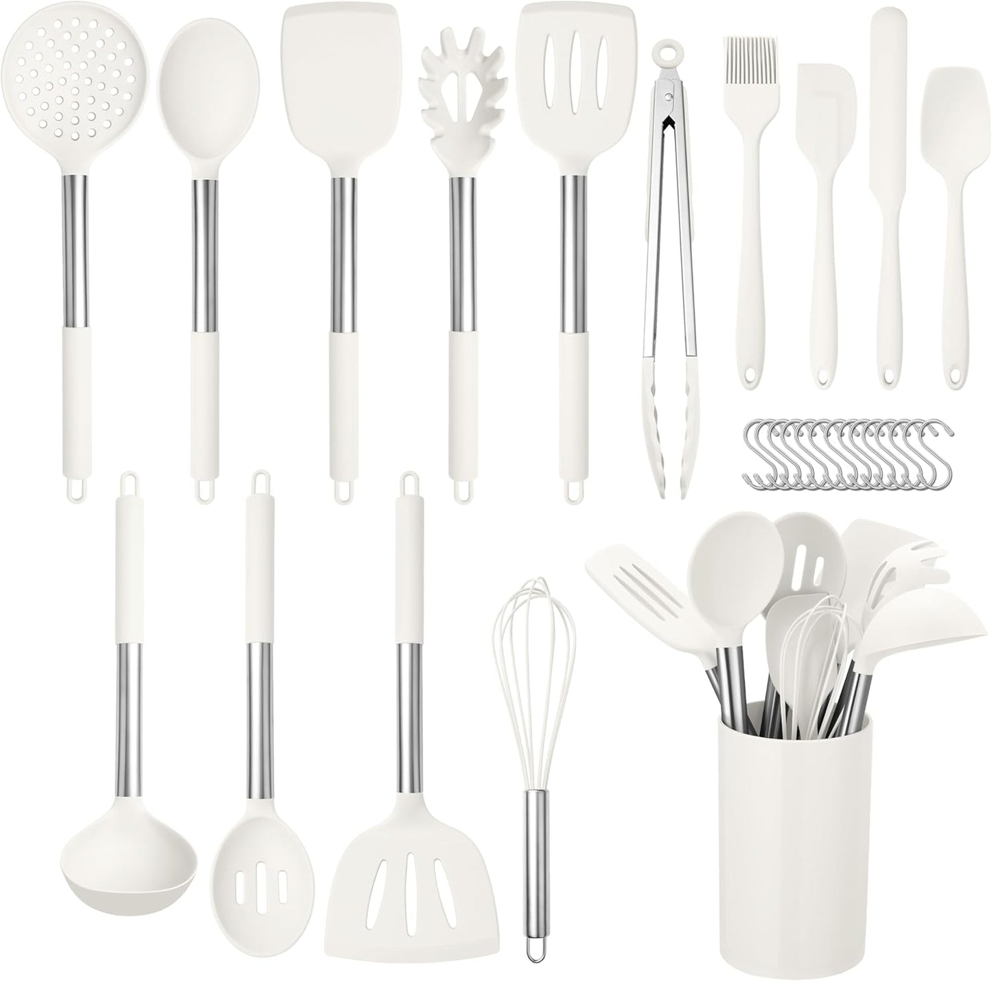 HaWare 29 PCS Silicone Cooking Utensils Set, Heat Resistant Kitchen Utensils Set with Stainless Steel Handle, Spatula Sets with Holder and Hooks, Kitchen Tools Gadgets for Nonstick Cookware -Khaki