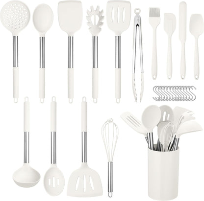 HaWare 29 PCS Silicone Cooking Utensils Set, Heat Resistant Kitchen Utensils Set with Stainless Steel Handle, Spatula Sets with Holder and Hooks, Kitchen Tools Gadgets for Nonstick Cookware -Khaki