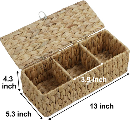 Water Hyacinth Storage Basket with Lid, Rectangular Tank Woven Wicker Baskets with Sections, Decorative Box for Snack Toys Bathroom (Water Hyacinth)