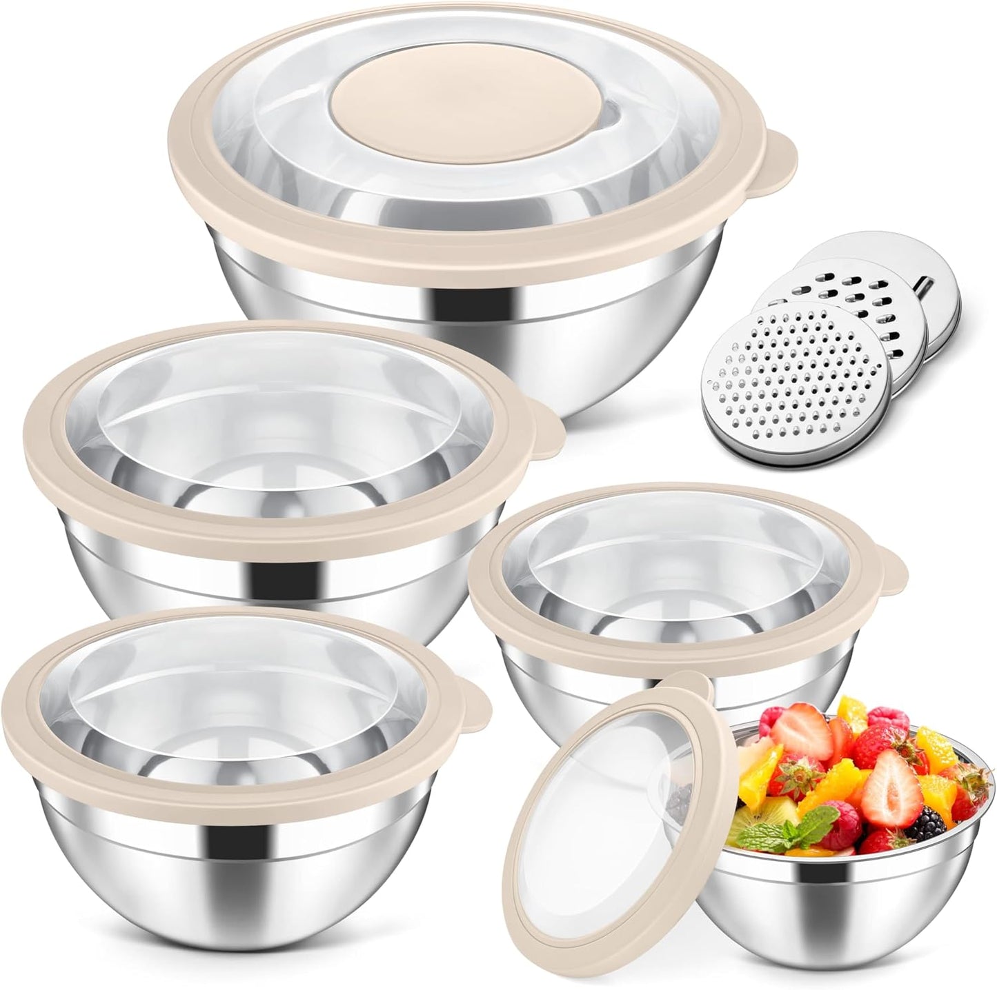 Herogo 5-Piece Mixing Bowls with Airtight Lids, 3 Grater Attachments, Stainless Steel Salad Serving Bowls for Kitchen, Size 4.6, 3.5, 2.5, 2, 1.5QT Ideal for Prepping & Cooking, Black