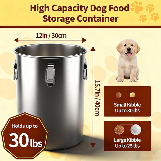 304 Stainless Steel Dog Food Storage Container, 25LB/30LB Airtight Pet Food Container with Locking Lid & Silicone Seal, Large Metal Food Storage Bin for Dry Dog/Cat Food, Rice, Flour (25 LBS)