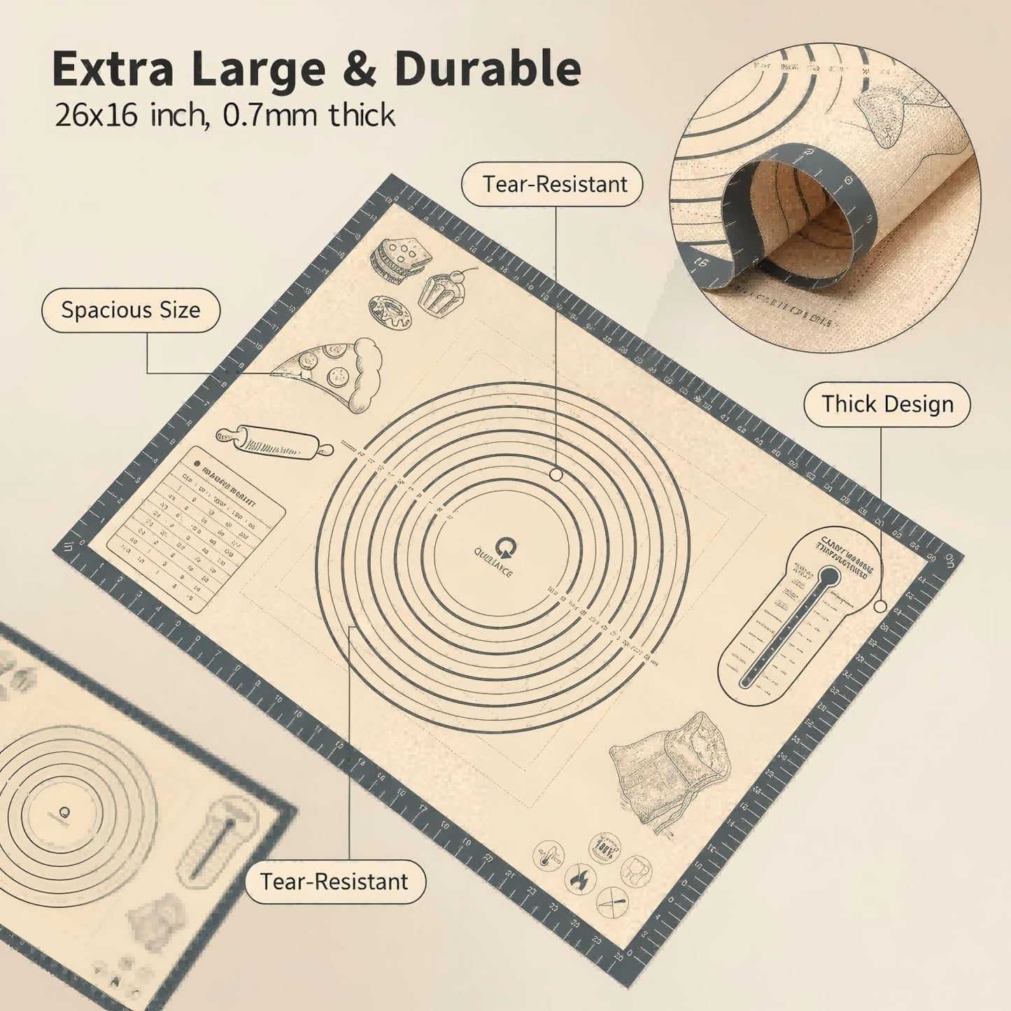 Silicone Baking Pastry Dough Mat - 28x20Inch Extra Large Cookie Bread Rolling Mats Sheet, Nonstick Kitchen Counter Kneading Board, Thick Reusable Pie Cookies Pizza Fondant Making Matt with Measurement