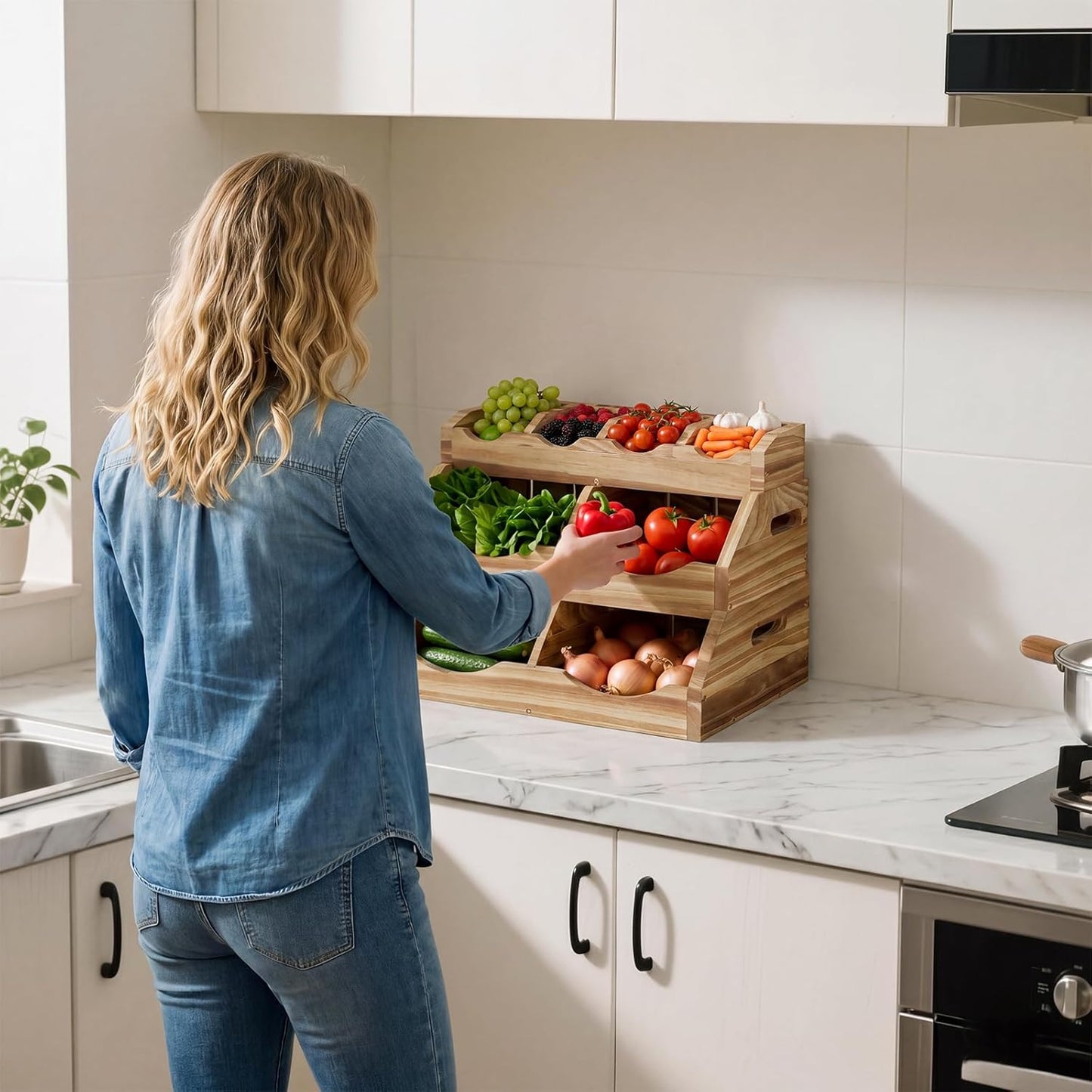 3-Tier Solid Wood Potato and Onion Storage Bin for Kitchen Counter, Stackable Fruit Vegetable Basket with 4-Compartment Top Tray Removable Adjustable, Ventilated Pantry Organizers and Storage